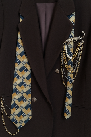 Upcycled Vintage Dumas (1980s) Blazer with aVintage  Italian Silk Domino Tie, Brooch, Chains & Pearls