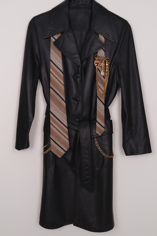 Reworked 1990s Buttery Soft Black Leather Belted Trench Coat by Frenchie with Vintage Tie, Pearl & Chain Adornments