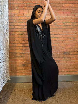 Virna, 30s Black Bias Cut Dress with Angel Sleeves and Rhinestone Detail