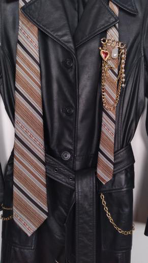 Reworked 1990s Buttery Soft Black Leather Belted Trench Coat by Frenchie with Vintage Tie, Pearl & Chain Adornments