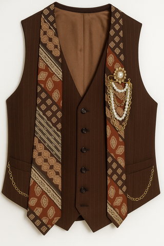 Upcycled 1978 John Dimanto BROWN Pinstripe Vest with 1970s Damon Beverly Hills Silk Tie, Vintage Brooch, Chains & Pearls