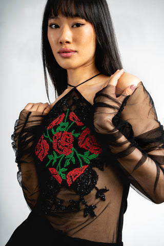Rose Embroidered Crystal Beaded Sheer Top