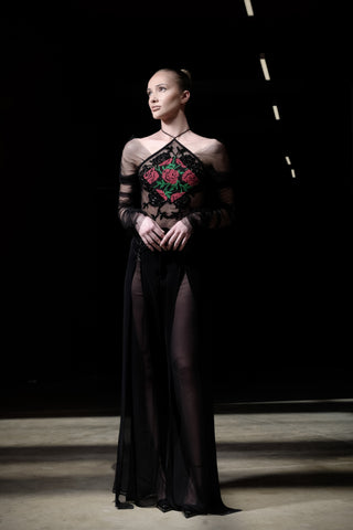 Rose Embroidered Crystal Beaded Sheer Top
