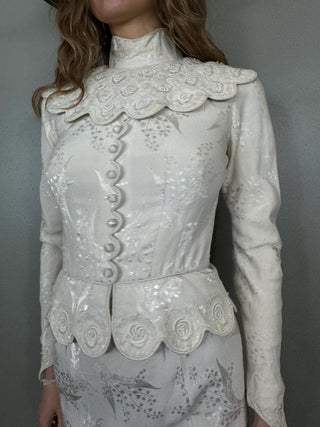 Calla, Vintage White Silk Damask, Bias Cut Fishtail Gown