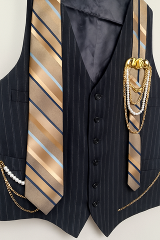 Upcycled 1978 John Dimanto BLACK Vest with 1970s Damon Beverly Hills Silk Tie, Vintage Brooch, Chains & Pearls