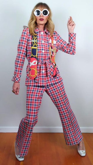 Upcycled Vintage Red Plaid 3-Piece Suit (1970s) with Hermès Tie, Lace Pocket Square, Chains & Pear Trim
