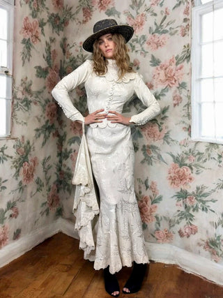 Calla, Vintage White Silk Damask, Bias Cut Fishtail Gown