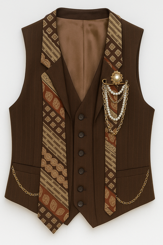 Upcycled 1978 John Dimanto BROWN Pinstripe Vest with 1970s Damon Beverly Hills Silk Tie, Vintage Brooch, Chains & Pearls