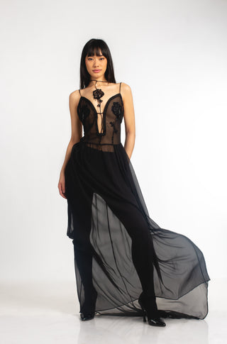 Harmony Couture Long Sheer Dress w/ Tie-up Neck Detailing