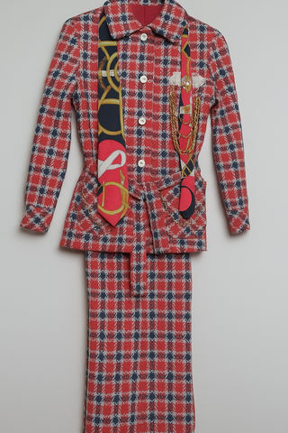 Upcycled Vintage Red Plaid 3-Piece Suit (1970s) with Hermès Tie, Lace Pocket Square, Chains & Pear Trim
