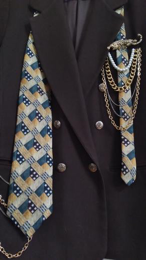 Upcycled Vintage Dumas (1980s) Blazer with aVintage  Italian Silk Domino Tie, Brooch, Chains & Pearls