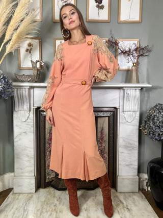 Flora, 40s Pink Crepe and Lace Dress