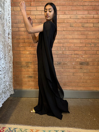Virna, 30s Black Bias Cut Dress with Angel Sleeves and Rhinestone Detail