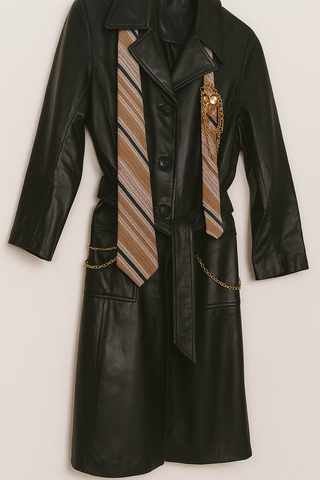 Reworked 1990s Buttery Soft Black Leather Belted Trench Coat by Frenchie with Vintage Tie, Pearl & Chain Adornments
