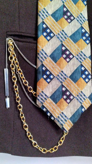 Upcycled Vintage Dumas (1980s) Blazer with aVintage  Italian Silk Domino Tie, Brooch, Chains & Pearls