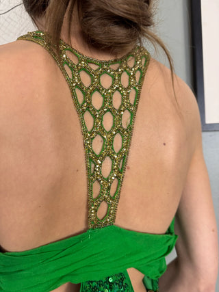 Clara, Vintage Green Sequins Dress with Rhinestone Collar and Belt