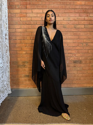 Virna, 30s Black Bias Cut Dress with Angel Sleeves and Rhinestone Detail