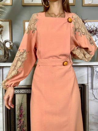 Flora, 40s Pink Crepe and Lace Dress