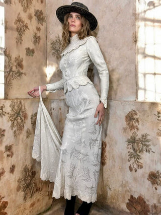 Calla, Vintage White Silk Damask, Bias Cut Fishtail Gown