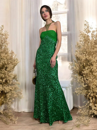 Clara, Vintage Green Sequins Dress with Rhinestone Collar and Belt