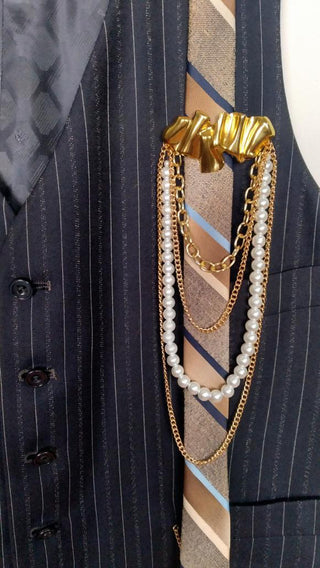 Upcycled 1978 John Dimanto BLACK Vest with 1970s Damon Beverly Hills Silk Tie, Vintage Brooch, Chains & Pearls