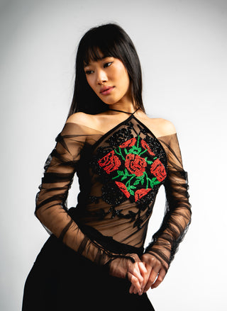 Rose Embroidered Crystal Beaded Sheer Top