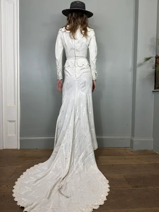 Calla, Vintage White Silk Damask, Bias Cut Fishtail Gown