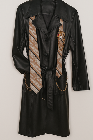 Reworked 1990s Buttery Soft Black Leather Belted Trench Coat by Frenchie with Vintage Tie, Pearl & Chain Adornments