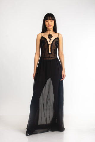Harmony Couture Long Sheer Dress w/ Tie-up Neck Detailing