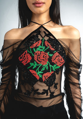 Rose Embroidered Crystal Beaded Sheer Top
