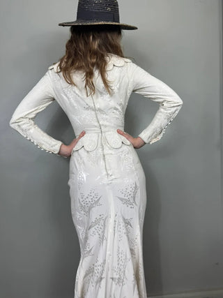 Calla, Vintage White Silk Damask, Bias Cut Fishtail Gown