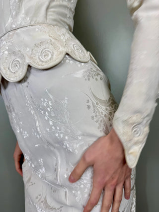 Calla, Vintage White Silk Damask, Bias Cut Fishtail Gown