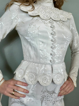 Calla, Vintage White Silk Damask, Bias Cut Fishtail Gown