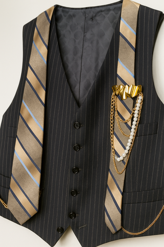 Upcycled 1978 John Dimanto BLACK Vest with 1970s Damon Beverly Hills Silk Tie, Vintage Brooch, Chains & Pearls