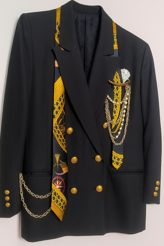 Vintage Black Baroque Blazer (1990s) with Hermès Tie Detail, Pearl Embellishments & Gold Chain Accents