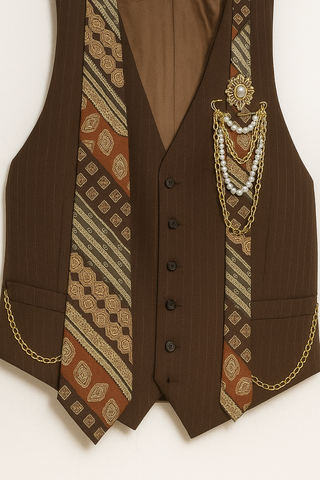 Upcycled 1978 John Dimanto BROWN Pinstripe Vest with 1970s Damon Beverly Hills Silk Tie, Vintage Brooch, Chains & Pearls