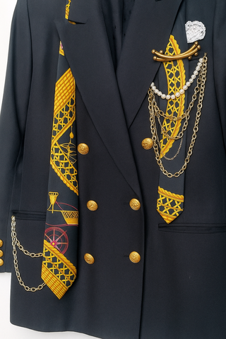 Vintage Black Baroque Blazer (1990s) with Hermès Tie Detail, Pearl Embellishments & Gold Chain Accents