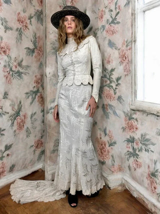 Calla, Vintage White Silk Damask, Bias Cut Fishtail Gown