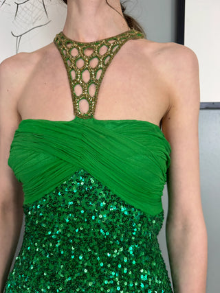 Clara, Vintage Green Sequins Dress with Rhinestone Collar and Belt