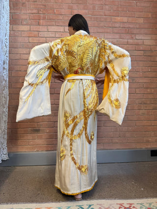 Viking, 40s Cream Silk and Gold Phoenix Embroidered Kimono