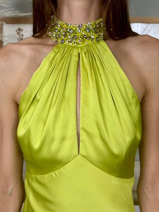 Lina, Lime Green Silk and Beaded Dress