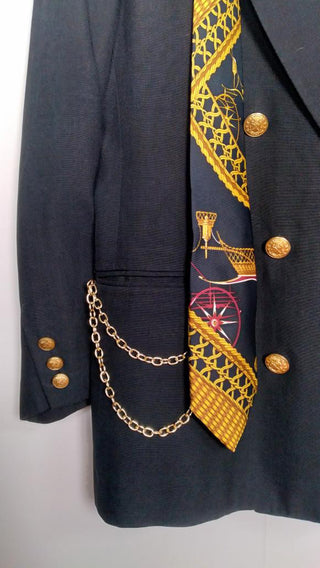 Vintage Black Baroque Blazer (1990s) with Hermès Tie Detail, Pearl Embellishments & Gold Chain Accents