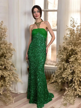 Clara, Vintage Green Sequins Dress with Rhinestone Collar and Belt