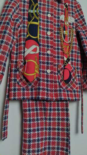 Upcycled Vintage Red Plaid 3-Piece Suit (1970s) with Hermès Tie, Lace Pocket Square, Chains & Pear Trim