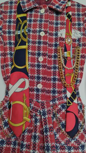 Upcycled Vintage Red Plaid 3-Piece Suit (1970s) with Hermès Tie, Lace Pocket Square, Chains & Pear Trim