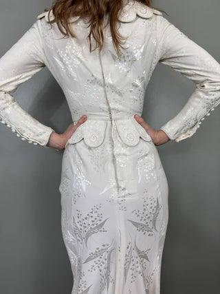 Calla, Vintage White Silk Damask, Bias Cut Fishtail Gown