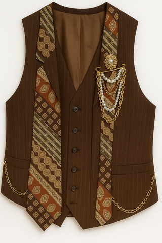 Upcycled 1978 John Dimanto BROWN Pinstripe Vest with 1970s Damon Beverly Hills Silk Tie, Vintage Brooch, Chains & Pearls