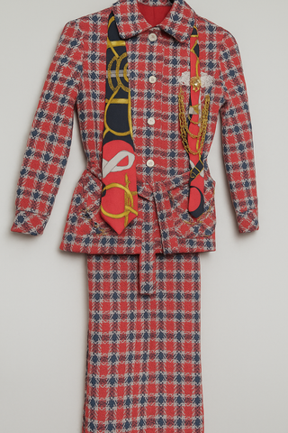 Upcycled Vintage Red Plaid 3-Piece Suit (1970s) with Hermès Tie, Lace Pocket Square, Chains & Pear Trim