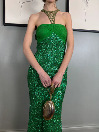 Clara, Vintage Green Sequins Dress with Rhinestone Collar and Belt