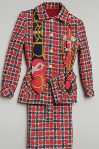 Upcycled Vintage Red Plaid 3-Piece Suit (1970s) with Hermès Tie, Lace Pocket Square, Chains & Pear Trim